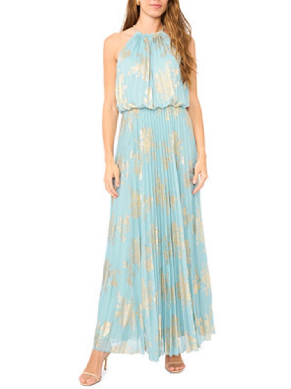 MSK Embellishment Halter-Neck Pleated Maxi Gown with Gold Patterning Sz 14